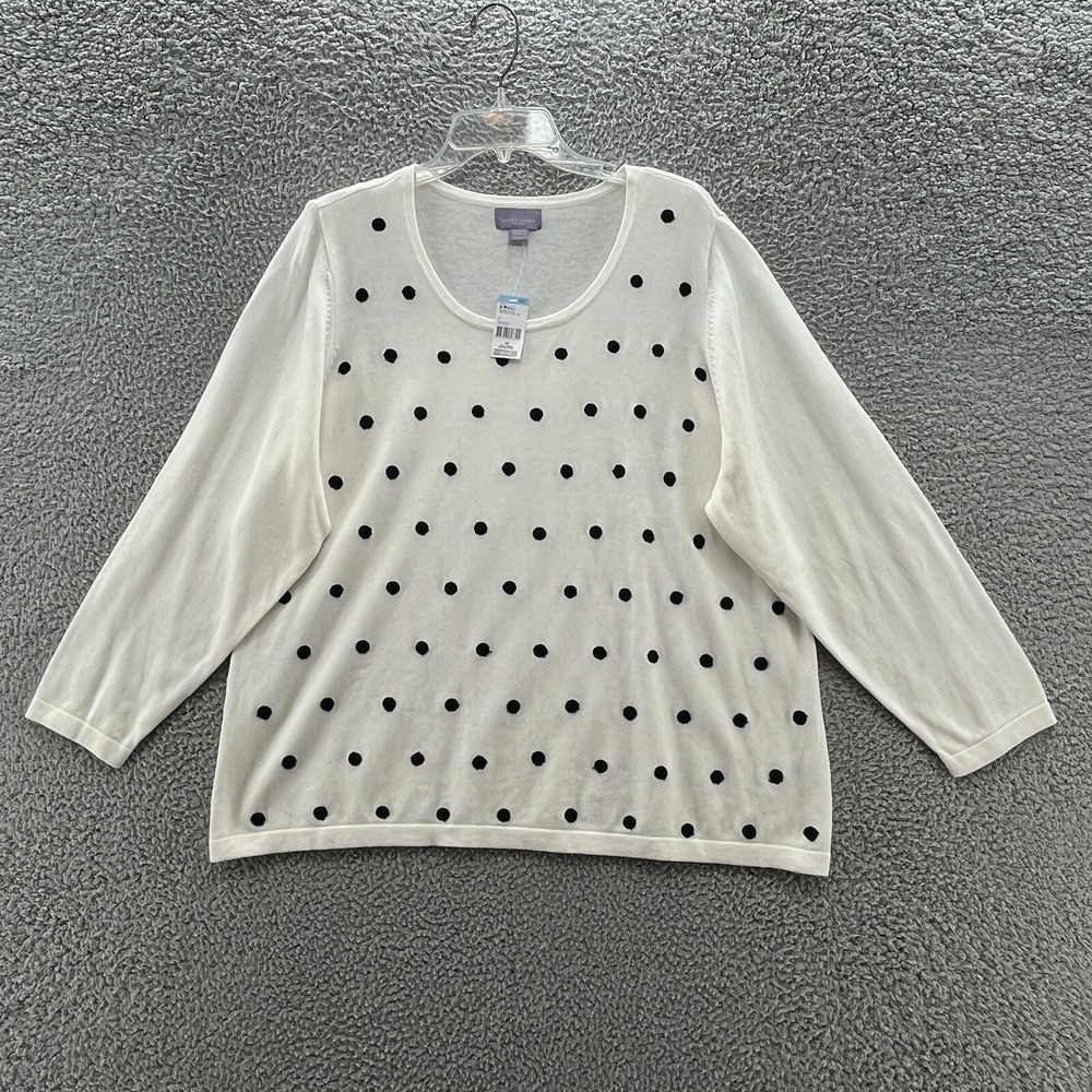 Laura Scott Sweater Women Plus 2X White Black Polka Dot Cotton Blend Pullover